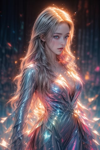 (best quality, 4k, 8k, highres, masterpiece:1.2), ultra-detailed, physically-based rendering, professional, bokeh, cyborg girl, made only glass, neon cables, gears, transparent body, mechanical details, glowing eyes, reflective surface, subtle reflections, ethereal, luminous, metallic highlights, sci-fi, futuristic, neon lights, blue and purple color palette, dynamic lighting,  (hand behind hips:1.5), (oil shiny skin:1.4), (middle breast:1.2), (4 fingers, 1 thumb), breast apart, (upper body:1.5), look at viewer, (view_from_above:1.3),mecha,High detailed ,Color magic, holographic