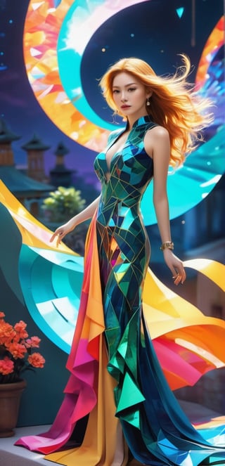 (1girl),blond hair ,(create a truly masterpiece artwork in digital art style, elegant and attractive woman as center of composition, ginger, inticate colorful dress made of peace of paper, fashion, stylish, surrealism, fusion a classicim style and modern style, very detailed, sharp focus, nature lighting, dark soft colors, merge ink and oil painted style, bokeh, smile,hyper realstick, (oil shiny skin:1.0), (big_boobs:2.8), willowy, chiseled, (hunky:2.5),(( body rotation -90 degree)), (full body:1.0),(perfect anatomy, prefecthand, dress, long fingers, 4 fingers, 1 thumb), 9 head body lenth, dynamic sexy pose, breast apart, (artistic pose of awoman),c_car,glitter,Split lighting,shiny,DonMChr0m4t3rr4XL ,shards,glass,Colorful Binary Code Energy,Pakistani dress,ao dai,Ao Dai,TechStreetwear,dress,cyborg style