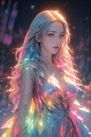 (best quality, 4k, 8k, highres, masterpiece:1.2), ultra-detailed, physically-based rendering, professional, vivid colors, bokeh, cyborg girl, made only glass, neon cables, gears, transparent body, mechanical details, glowing eyes, reflective surface, subtle reflections, ethereal, luminous, metallic highlights, sci-fi, futuristic, neon lights, blue and purple color palette, dynamic lighting,  (hand behind hips:1.5), (oil shiny skin:1.4), (middle breast:1.2), (4 fingers, 1 thumb), breast apart, (upper body:1.5), look at viewer, (view_from_below:1.3),mecha,High detailed ,Color magic, holographic