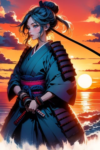 SUNSET, ((SAMURAI)) , girl, 8k, masterpiece, ultra-realistic, best quality, high resolution, high definition