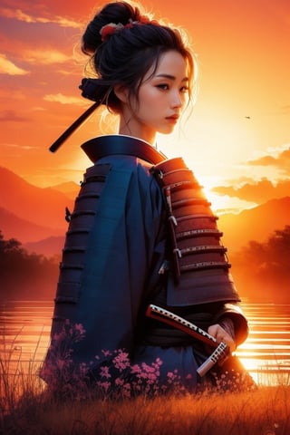 SUNSET, ((SAMURAI)) , girl, 8k, masterpiece, ultra-realistic, best quality, high resolution, high definition