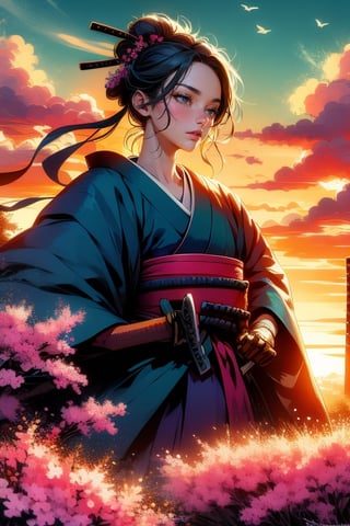 SAKURA, SUNSET, ((SAMURAI)) , girl, 8k, masterpiece, ultra-realistic, best quality, high resolution, high definition