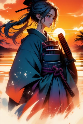 SUNSET, ((SAMURAI)) , girl, 8k, masterpiece, ultra-realistic, best quality, high resolution, high definition