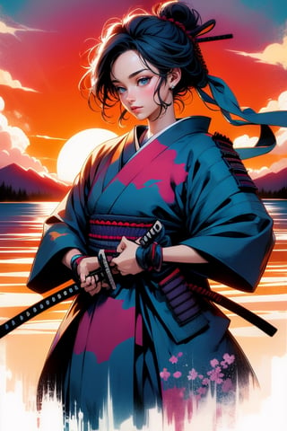 SAKURA, SUNSET, ((SAMURAI)) , girl, 8k, masterpiece, ultra-realistic, best quality, high resolution, high definition