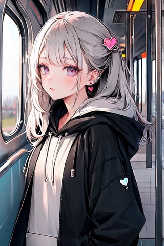 (masterpiece),,(best quality), 
1girl, solo, long hair, looking at viewer, blush, hair ornament, long sleeves, jewelry, closed mouth, jacket, upper body, grey hair, heart, earrings, hood, pink eyes, bag, hoodie, piercing, backpack, hood down, ear piercing, white hoodie, train interior, black bag
 sneakers,High detailed ,masterpiece