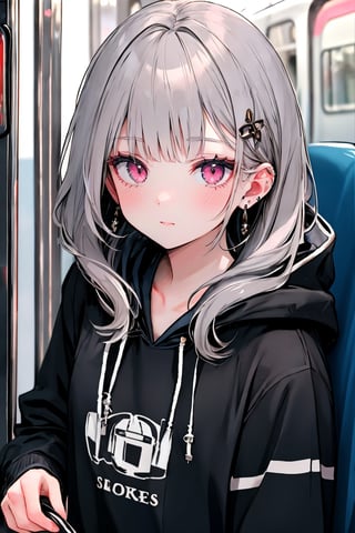 (masterpiece),,(best quality), 
1girl, solo, long hair, looking at viewer, blush, hair ornament, long sleeves, jewelry, closed mouth, jacket, upper body, grey hair, heart, earrings, hood, pink eyes, bag, hoodie, piercing, backpack, hood down, ear piercing, white hoodie, train interior, black bag
 sneakers,High detailed ,masterpiece