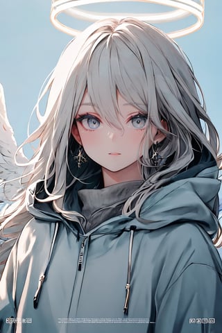 (masterpiece),,(best quality), High detailed ,masterpiece, 

1girl, solo, long hair, looking at viewer, hair between eyes, jewelry, closed mouth, jacket, upper body, grey hair, earrings, outdoors, wings, hood, english text, grey eyes, halo, piercing, hood down, ear piercing, feathered wings, hooded jacket, angel wings, white wings, angel, power lines