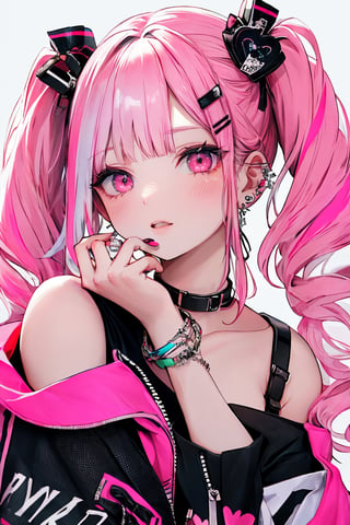 (masterpiece),,(best quality), 
1girl, solo, long hair, looking at viewer, blush, simple background, shirt, hair ornament, bare shoulders, twintails, jewelry, collarbone, upper body, pink hair, heart, choker, hairclip, hand up, pink eyes, off shoulder, nail polish, collar, bracelet, black shirt, piercing, ring, black background, ear piercing, pink nails, multicolored eyes, covering mouth, off-shoulder shirt, multicolored nails, nail art

 sneakers,High detailed ,masterpiece