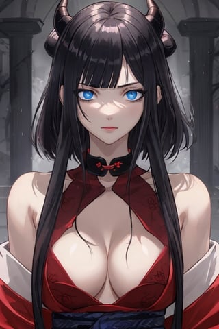 infernal princess, with human form but with diabolical features, full details, 1 girl, casually dressed, slender body, blue eyes, black hair color, light skin, masterpiece,horror,raidenshogundef