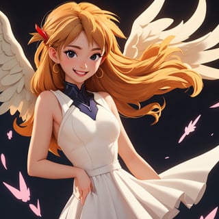 asuka adult,angel_wings, angel, masterpiece, full details, details, black eyes, blonde laughed hair, dynamic background, white dress.,YeiyeiArt