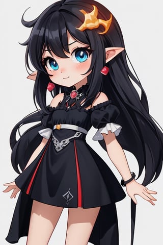 infernal princess, with human form but with diabolical features, full details, 1 girl, casually dressed, slender body, blue eyes, black hair color, light skin, masterpiece,ruanyi0070,chibi