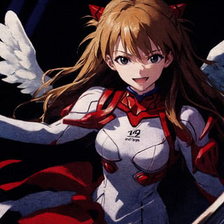 asuka adult version, angel_wings, angel, masterpiece, full details, details, black eyes, blonde laughed hair, dynamic background, white dress.