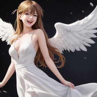 asuka adult version, angel_wings, angel, masterpiece, full details, details, black eyes, blonde laughed hair, dynamic background, white dress.,YeiyeiArt,Worldwide trending artwork