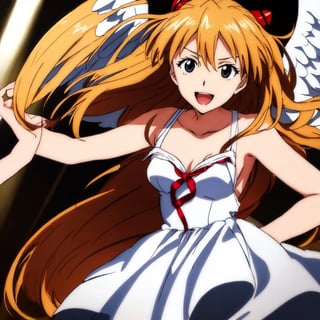 asuka adult version, angel_wings, angel, masterpiece, full details, details, black eyes, blonde laughed hair, dynamic background, white dress.