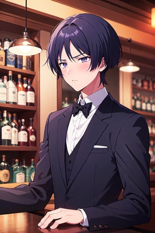 1boy, solo, male focus, portrait, Scara, black suit, black tie, sad, dark purple eyes, at a bar, slight blush