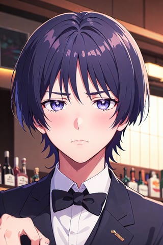 1boy, solo, male focus, portrait, Scara, black suit, black tie, sad, dark purple eyes, at a bar, slight blush