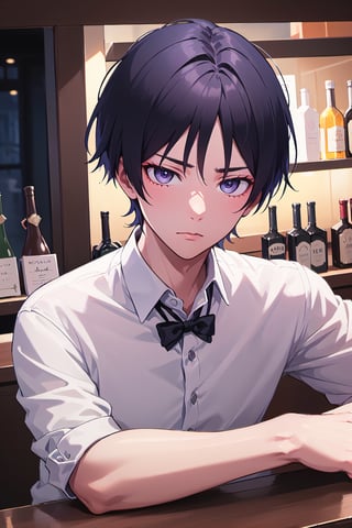 1boy, solo, male focus, portrait, Scara, black suit, white shirt, black tie, tired face, dark purple eyes, at a bar