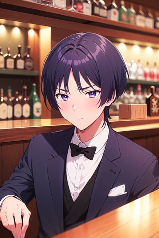 1boy, solo, male focus, portrait, Scara, black suit, black tie, sad, dark purple eyes, at a bar, slight blush