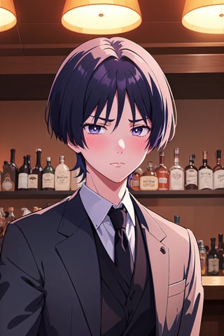 1boy, solo, male focus, portrait, Scara, black suit, black tie, sad, dark purple eyes, at a bar, slight blush