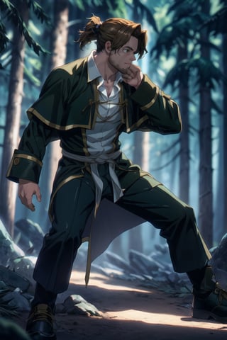 solo male, Sein \(Frieren: Beyond Journey's End\), priest, brown hair, low ponytail, parted bangs, thin hair, stubble, green eyes, white collared shirt, (shirt white hems, untucked shirt:1.3), dark coat with a golden accent, dark capelet, (dark sleeves), black pants, black footwear. open coat, mature, handsome, charming, alluring, serious, intense eyes, fighting stance, light beam, (night, dark) holding a book, magic, glowing, perfect anatomy, perfect proportions, best quality, masterpiece, high_resolution, dutch angle, cowboy shot, photo background, forest, Balance and coordination between all things), real light and shadow, perspective, composition, adventurous, energy, exploration, contrast, experimental, unique, cinematic, atmospheric, epic, ultrarealsitc