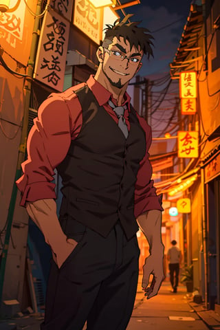 (1 image only), solo male, Jay Chiang, Great Pretender Razbliuto, Asian, Taiwanese, Taipei city, night alley, 2d, anime, flat, black hair, short hair, high fade, goatee, thick eyebrows, brown eyes, silver glasses, (pure red collared shirt, red sleeves rolled up), necktie, vest, , pants, shoes, smile, mature, handsome, charming, alluring, standing, upper body, perfect anatomy, perfect proportions, (best quality, masterpiece), (perfect eyes:1.2), perfect hands, high_resolution, dutch angle, cowboy shot