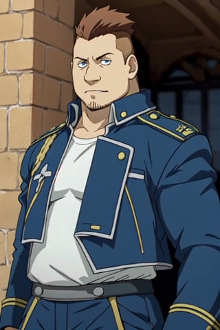 (1 image only), solo male, 1boy, Heymans Breda, Fullmetal Alchemist, anime, 2D, blue eyes, brown hair, short hair, high fade, stubble, handsome, chubby, open pure blue military uniform, confidence, charming, alluring, upper body in frame, perfect anatomy, perfect proportions, 8k, HQ, (best quality:1.2, hyperrealistic:1.2, photorealistic:1.2, masterpiece:1.3, madly detailed photo:1.2), (hyper-realistic lifelike texture:1.2, realistic eyes:1.2), high_resolution, perfect eye pupil, dutch angle,best quality, (long sleeves)