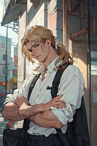 (renaissance:1.3), renaissance painting, black aura, detail background, reiner braun (blond hair, short hair, stubble, bare forehead:1.4), (hazel eyes:1.3), fit body, (wearing pure white collared shirt, button up shirt:1.3), (unbutton open brown trench coat, military green pants, black combat boots:1.2), show chest shirt, manly, bulky, charming, alluring, sleazy, high fantasy, (standing), (upper body in frame), dawn, cinematic lighting, perfect anatomy, perfect proportions, perfect perspective, 8k, HQ, (best quality:1.5, hyperrealistic:1.5, photorealistic:1.4, madly detailed CG unity 8k wallpaper:1.5, masterpiece:1.3, madly detailed photo:1.2), (hyper-realistic lifelike texture:1.4, realistic eyes:1.2), picture-perfect face, perfect eye pupil, detailed eyes, realistic, HD, UHD, look at viewer,  (portrait close-up), Kocic