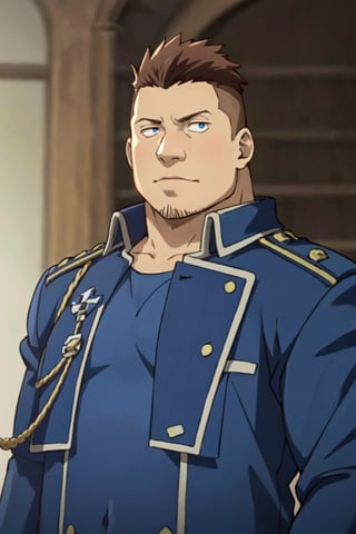 (1 image only), solo male, 1boy, Heymans Breda, Fullmetal Alchemist, anime, 2D, blue eyes, brown hair, short hair, high fade, stubble, handsome, (chubby), open (pure blue military uniform, blue 
 coat), confidence, charming, alluring, upper body in frame, perfect anatomy, perfect proportions, 8k, HQ, (best quality:1.2, hyperrealistic:1.2, photorealistic:1.2, masterpiece:1.3, madly detailed photo:1.2), (hyper-realistic lifelike texture:1.2, realistic eyes:1.2), high_resolution, perfect eye pupil, dutch angle,best quality, (long sleeves),chubby