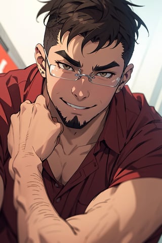 (1 image only), solo male, Jay Chiang, Great Pretender Razbliuto, Asian, Taiwanese, modern Taipei city, 2d, anime, flat, black hair, short hair, high fade, goatee, thick eyebrows, brown eyes, silver glasses, (pure red collared shirt, red sleeves rolled up:1.2), (portrait, close-up), smile, mature, handsome, charming, alluring, portrait, perfect anatomy, perfect proportions, (best quality, masterpiece), (perfect eyes:1.2),, high_resolution, dutch angle 