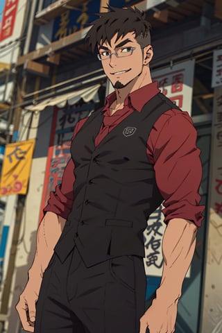 (1 image only), solo male, Jay Chiang, Great Pretender Razbliuto, Asian, Taiwanese, modern Taipei city, 2d, anime, flat, black hair, short hair, high fade, goatee, thick eyebrows, brown eyes, silver glasses, (pure red collared shirt, red sleeves rolled up), silver necktie, black vest,pants, socks, leather shoes, smile, mature, handsome, charming, alluring, standing, upper body, perfect anatomy, perfect proportions, (best quality, masterpiece), (perfect eyes:1.2), perfect hands, high_resolution, dutch angle, cowboy shot