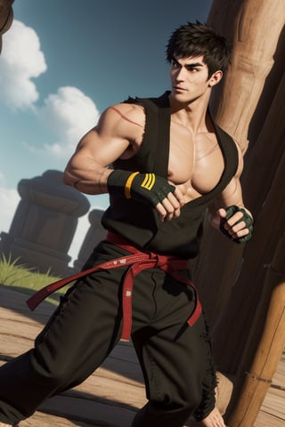 solo male, Grappler, Dungeon Fighter Online, black hair, short hair, brown eyes, thick eyebrows, forked eyebrows, stubble, green eyes, scars on face, scar on cheek, scar on chest, pectorals, pectoral cleavage, rn black dougi, black pants, red martial arts belt, yellow fingerless gloves, barefoot, bandaged hand, toned male, mature, handsome, charming, alluring, serious, fighting stance, upper body, perfect anatomy, perfect proportions, ((perfect eyes, perfect, parfect fingers)), best quality, masterpiece, high_resolution, dutch angle, cowboy shot, photo background, (looking outside)