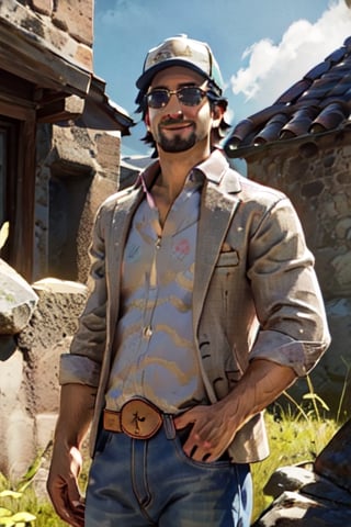 1boy, solo, Ace Visconti, Dead By Dayligh, Argentinian of Italian descent, gambler, grey-streaked hair, facial hair, sunglasses, (cap), damask print shirt, (open shirt), bare chest, classic jacket, jeans, mature, manly, masculine, handsome, charming, alluring, dashing, smirk, (standing), (upper body in frame), dark background, fog, dark atmosphere, cinematic light, perfect anatomy, perfect proportions, perfect perspective, 8k, HQ, (best quality:1.5, hyperrealistic:1.5, photorealistic:1.4, madly detailed CG unity 8k wallpaper:1.5, masterpiece:1.3, madly detailed photo:1.2), (hyper-realistic lifelike texture:1.4, realistic eyes:1.2), picture-perfect face, perfect eye pupil, detailed eyes, realistic, HD, UHD, portrait, looking outside frame, side view