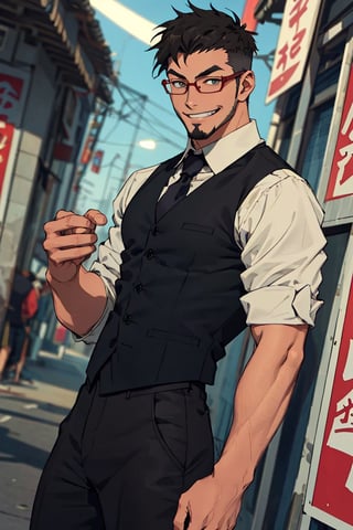 (1 image only), solo male, Jay Chiang, Great Pretender Razbliuto, Asian, Taiwanese, Taipei, 2d, anime, flat, black hair, short hair, goatee, thick eyebrows, brown eyes, glasses, (red collared shirt, grey necktie, black vest), red sleeves, sleeves rolled up, black pants, black shoes, grin, mature, handsome, charming, alluring, standing, upper body, perfect anatomy, perfect proportions, (best quality, masterpiece), (perfect eyes:1.2), perfect hands, high_resolution, dutch angle, cowboy shot