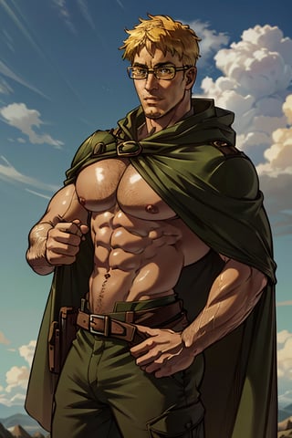 Abel, solo, Attack on Titan, uniform of the Scout Regiment, green cloak, blond hair, brown eyes, goggles, thick-rimmed glasses with bands around head, light stubble on chin and cheekbones, (shaved philtrum, hairless philtrum:1.3), fit body, handsome, charming, alluring, intense gaze, gentle expression, soft expression, (standing), (upper body in frame), simple background, green plains, cloudy blue sky, perfect light, only1 image, perfect anatomy, perfect proportions, perfect perspective, 8k, HQ, (best quality:1.5, hyperrealistic:1.5, photorealistic:1.4, madly detailed CG unity 8k wallpaper:1.5, masterpiece:1.3, madly detailed photo:1.2), (hyper-realistic lifelike texture:1.4, realistic eyes:1.2), picture-perfect face, perfect eye pupil, detailed eyes, realistic, HD, UHD, (front view:1.2), portrait, looking outside frame,(MkmCut)