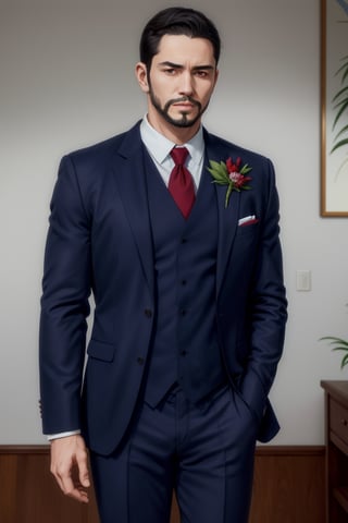 solo male, Maeda, Asobi Asobase, butler, black hair, short hair, black eyes, facial hair, dark blue 3 Piece Suit, formal, white collared shirt, red necktie, (dark blue vest),  dark blue jacket, dark blue pants, mature, handsome, charming, alluring, calm, polite, (close-up, portrait), perfect anatomy, perfect proportions, best quality, masterpiece, high_resolution, (front view, looking_at_viewer)