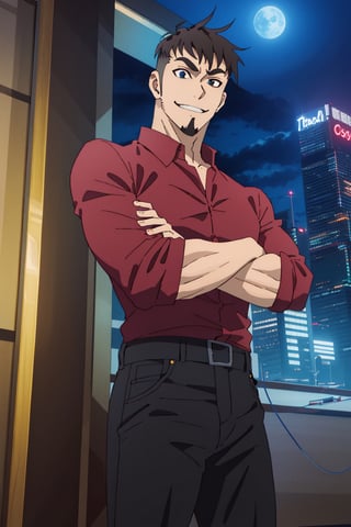 (1 image only), solo male, Jay Chiang, Great Pretender Razbliuto, Asian, Taiwanese, modern Taipei city, night cityscape, 2d, anime, flat, black hair, short hair, high fade, goatee, thick eyebrows, (brown eyes), (pure red collared shirt, red sleeves rolled up:1.2) black pants, socks, leather shoes, smile, crossed arms, mature, handsome, charming, alluring, standing, upper body, perfect anatomy, perfect proportions, (best quality, masterpiece), (perfect eyes:1.2), perfect hands, high_resolution, dutch angle, cowboy shot, 