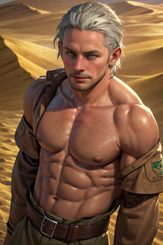 1boy, solo, Revolver Ocelot, 40 years old, grey eyes, white hair, stubble, (complete topless, shirtless:1.4), collarbone, bare shoulder, nare arms, dark brown canvas pants, knee-high cowboy boots with spurs,handsome, mature, masculine, virile, confidence, charming, alluring, upper body in frame, (Afghanistan desert:1.3), sky, perfect anatomy, perfect proportions, 8k, HQ, (best quality:1.5, hyperrealistic:1.5, photorealistic:1.4, madly detailed CG unity 8k wallpaper:1.5, masterpiece:1.3, madly detailed photo:1.2), (hyper-realistic lifelike texture:1.4, realistic eyes:1.2), high_resolution, picture-perfect face, perfect eye pupil, detailed eyes, perfecteyes, dutch angle 