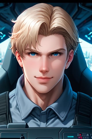 score_9,score_8_up,score_7_up, solo male, Lewis Smith, (blond hair), short hair, blue eyes, sideburns, (grey pilot jumpsuit, grey sleeves), (black tactical vest), mecha cockpit, (close-up, headshot:1.5), from front, mature, handsome, charming, alluring, (masculine, manly, hunk, beefy:1.3), intense eyes, v-shaped eyebrows, smile, look at viewer, sitting, huge industrial mecha, mecha cockpit, operator's seat, throttle, joystick, seatbelt, multiple monitor screen, perfect anatomy, perfect proportions, best quality, masterpiece, high_resolution, (symmetrical picture, front view:1.5), photo background, science fiction, mecha, multiple monitors, cinematic, war, mecha, robot, cinematic still, emotional, harmonious, vignette, bokeh, cinemascope, moody, epic, gorgeous, city ruins, inside the mecha 