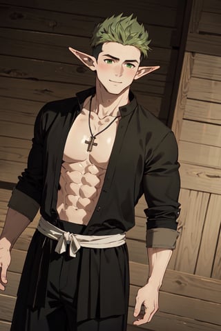 solo male, Kraft\(Frieren: Beyond Journey's End\), elf, masculine, manly, clergy, (olive green hair), short hair, undercut, multicolored hair, green eyes, pointed ears, BREAK (black above-knee-length-cassock, black cassock, widely open cassock, open clothing, collarbone, abs, pecs), (wide black pants), (white puttee\(legwraps\):1.2), brown shoes, necklace, mature, handsome, charming, alluring, smile, blush, standing, upper body, perfect anatomy, perfect proportions, best quality, masterpiece, high_resolution, dutch angle, cowboy shot, photo background