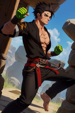 solo male, Grappler, Dungeon Fighter Online, black hair, short hair, brown eyes, thick eyebrows, forked eyebrows, stubble, green eyes, scars on face, scar on cheek, scar on chest, pectorals, pectoral cleavage, rn black dougi, black pants, red martial arts belt, yellow fingerless gloves, barefoot, bandaged hand, toned male, mature, handsome, charming, alluring, serious, fighting stance, upper body, perfect anatomy, perfect proportions, ((perfect eyes, perfect, parfect fingers)), best quality, masterpiece, high_resolution, dutch angle, cowboy shot, photo background, (looking outside)