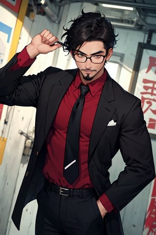 (1 image only), solo male, Jay Chiang, Great Pretender Razbliuto, Asian, Taiwanese, Taipei, black hair, short hair, goatee, thick eyebrows, brown eyes, glasses, red collared shirt, grey necktie, black suit wasitcoat, red sleeves, sleeves rolled up, black pants, black shoes, mature, handsome, charming, alluring, standing, upper body, perfect anatomy, perfect proportions, (best quality, masterpiece), (perfect eyes), perfect hands, high_resolution, dutch angle, cowboy shot