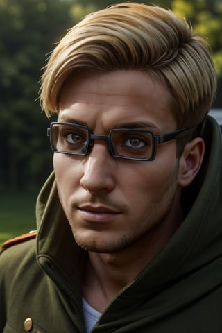 Abel, solo, Attack on Titan, uniform of the Scout Regiment, green cloak, blond hair, brown eyes, goggles, thick-rimmed glasses with bands around head, light stubble on chin and cheekbones, (shaved philtrum, hairless philtrum:1.3), fit body, handsome, charming, alluring, intense gaze, gentle expression, soft expression, (standing), (upper body in frame), simple background, green plains, cloudy blue sky, perfect light, only1 image, perfect anatomy, perfect proportions, perfect perspective, 8k, HQ, (best quality:1.5, hyperrealistic:1.5, photorealistic:1.4, madly detailed CG unity 8k wallpaper:1.5, masterpiece:1.3, madly detailed photo:1.2), (hyper-realistic lifelike texture:1.4, realistic eyes:1.2), picture-perfect face, perfect eye pupil, detailed eyes, realistic, HD, UHD, (front view:1.2), portrait, looking outside frame,(MkmCut)