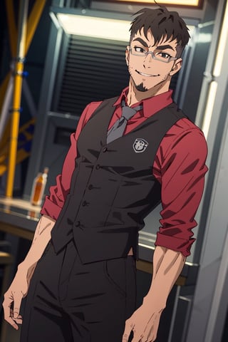 (1 image only), solo male, Jay Chiang, Great Pretender Razbliuto, Asian, Taiwanese, modern Taipei city, 2d, anime, flat, black hair, short hair, high fade, goatee, thick eyebrows, brown eyes, silver glasses, (pure red collared shirt, red sleeves rolled up:1.2), silver necktie, black vest,pants, socks, leather shoes, smile, mature, handsome, charming, alluring, standing, upper body, perfect anatomy, perfect proportions, (best quality, masterpiece), (perfect eyes:1.2), perfect hands, high_resolution, dutch angle, cowboy shot