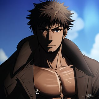 solo male, Genma Shizume, Asian, Japanese, black hair, chinstrap beard, sideburns, black eyes, calm eyes, slitty eyes, intense gaze, (topless, bare chest, bare neck, bare belly), (light brown trench coat, open trench coat:1.2), black pants, black gloves, mature, masculine, handsome, charming, allurin, grin, smile, upper body, perfect anatomy, perfect proportions, (best quality, masterpiece, high_resolution:1.3), (perfect eyes, perfecteyes:1.3),perfecteyes