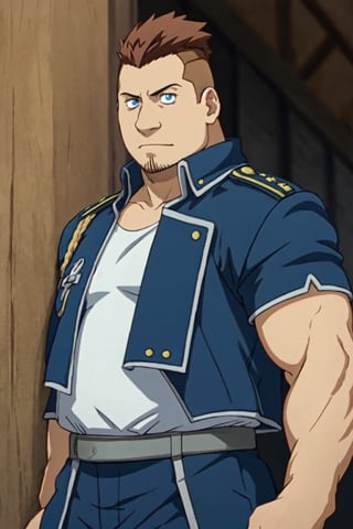 (1 image only), solo male, 1boy, Heymans Breda, Fullmetal Alchemist, anime, 2D, blue eyes, brown hair, short hair, high fade, stubble, handsome, chubby, open pure blue military uniform, confidence, charming, alluring, upper body in frame, perfect anatomy, perfect proportions, 8k, HQ, (best quality:1.2, hyperrealistic:1.2, photorealistic:1.2, masterpiece:1.3, madly detailed photo:1.2), (hyper-realistic lifelike texture:1.2, realistic eyes:1.2), high_resolution, perfect eye pupil, dutch angle,best quality, short sleeves