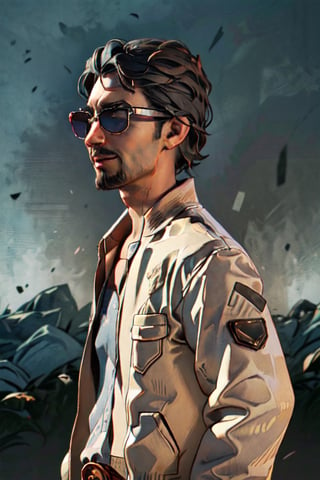 1boy, solo, Ace Visconti, Dead By Dayligh, Argentinian of Italian descent, gambler, grey-streaked hair, facial hair, sunglasses, (cap), damask print shirt, classic jacket, jeans, mature, manly, masculine, handsome, charming, alluring, dashing, smirk, (standing), (upper body in frame), dark background, fog, dark atmosphere, perfect light, perfect anatomy, perfect proportions, perfect perspective, 8k, HQ, (best quality:1.5, hyperrealistic:1.5, photorealistic:1.4, madly detailed CG unity 8k wallpaper:1.5, masterpiece:1.3, madly detailed photo:1.2), (hyper-realistic lifelike texture:1.4, realistic eyes:1.2), picture-perfect face, perfect eye pupil, detailed eyes, realistic, HD, UHD, portrait, looking outside frame, side view