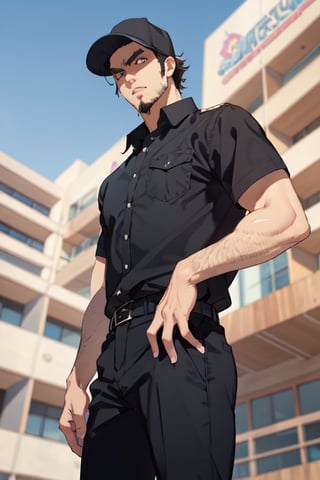 solo male, Memory T Cell\(Cells at Work\), tan skin, brown eyes, intense eyes, angled eyebrows, goatee, sideburns, black uniform, black collared shirt, black pants, (wearing cap, black cap), boots, mature, handsome, charming, alluring, fit, silm, slender, standing, upper body, perfect anatomy, perfect proportions, best quality, masterpiece, high_resolution, dutch angle, cowboy shot, photo background
