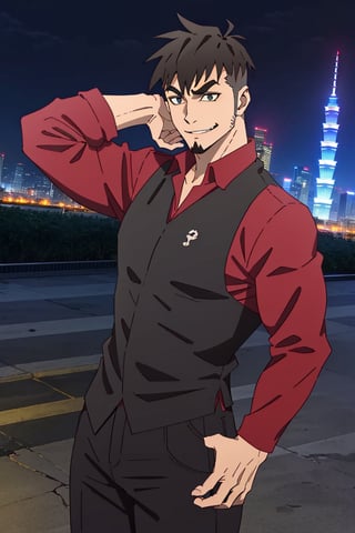 (1 image only), solo male, Jay Chiang, Great Pretender Razbliuto, Asian, Taiwanese, modern Taipei city, night cityscape, Taipei 101, 2d, anime, flat, black hair, short hair, high fade, goatee, thick eyebrows, (brown eyes), (pure red collared shirt, red sleeves rolled up:1.2) black pants, socks, leather shoes, smile, 1 hand behind head, mature, handsome, charming, alluring, standing, upper body, perfect anatomy, perfect proportions, (best quality, masterpiece), (perfect eyes:1.2), perfect hands, high_resolution, dutch angle, cowboy shot, 