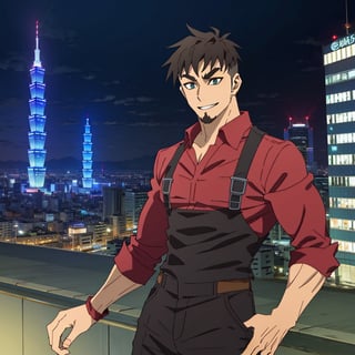 (1 image only), solo male, Jay Chiang, Great Pretender Razbliuto, Asian, Taiwanese, modern Taipei city, night cityscape, Taipei 101, 2d, anime, flat, black hair, short hair, high fade, goatee, thick eyebrows, (brown eyes), (pure red collared shirt, red sleeves rolled up:1.2) black pants, socks, leather shoes, smile, 1 hand behind head, mature, handsome, charming, alluring, standing, upper body, perfect anatomy, perfect proportions, (best quality, masterpiece), (perfect eyes:1.2), perfect hands, high_resolution, dutch angle, cowboy shot, 