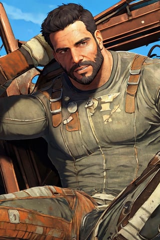 solo male, realistic, Paladin Danse, Fallout 4, short hair, warm black hair, light brown eyes, beard, orange-gray Brotherhood of Steel uniform, orange-gray bodysuit, gloves, boots, mature, handsome, charming, alluring, ((portrait, headshot, close-up)), perfect anatomy, perfect proportions, best quality, masterpiece, high_resolution, dutch angle, photo background, ruined overhead interstate, Fallout 4 location, post-apocalyptic ruins, desolated landscape, dark blue sky,Masterpiece